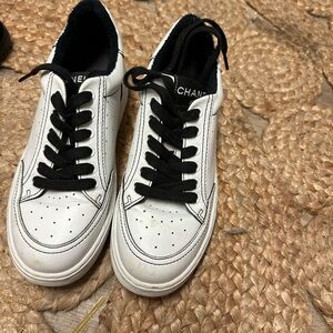 CHANEL White and Black Leather Sneakers